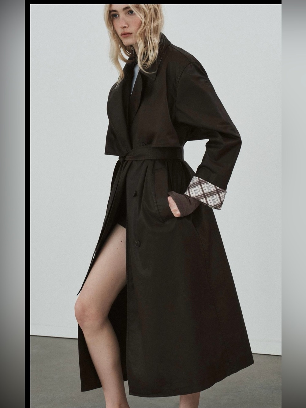 NWT-Zara LONG WAXED PLAID TRENCH COAT